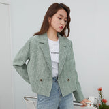 Kukombo Green Tweed Plaid Short Blazer Women Elegant Office Oversized Blazer Jacket Female Casual Streetwear Spring Coat