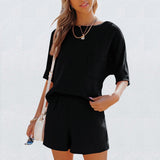 Kukombo  Summer Casual Cotton Linen Pocket Sets Short Sleeve T Shirt And Elastic Shorts Two Piece Set Women Beach Solid Outfits Tracksuit
