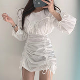 Christmas Gift Korean Chic French neck dress woman Pleated Design Waist Down Slim Irregular Drawstring Bubble Sleeve Dress