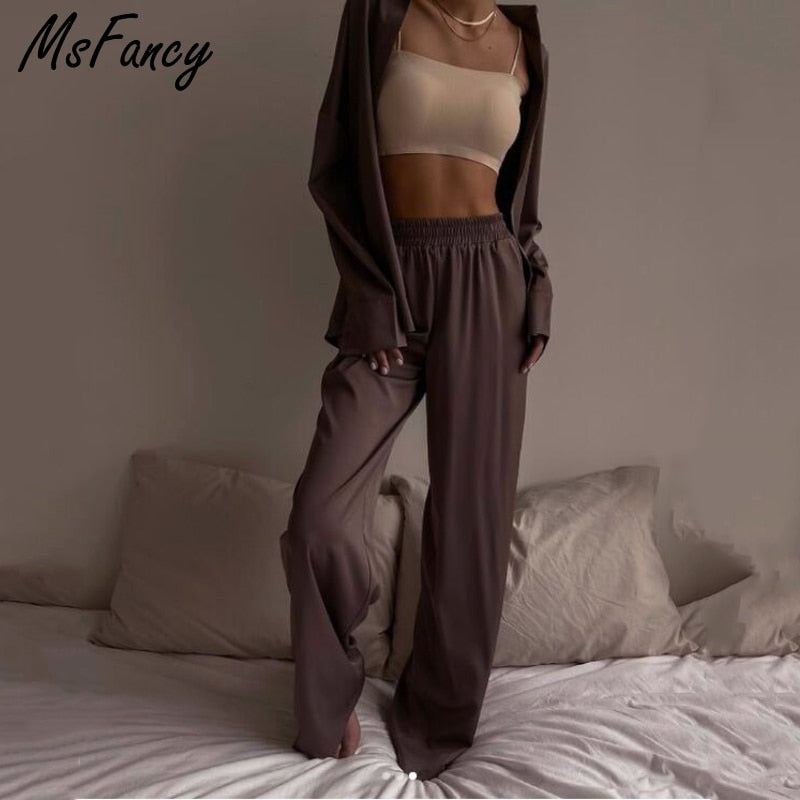 Christmas Gift Msfancy Summer Pant Sets Women Long Sleeve Shirt Elastic Wait Wide Leg Trousers 2 Pieces Sets 2021 Female Casual Outfit