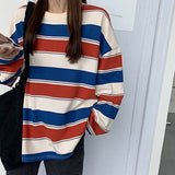 Christmas Gift Loose Stripe O-neck T-shirt Woman's Korea Oversized Long Sleeve Tops Woman Casual 2XL Long T-shirts Harajuku Women Summer 2021