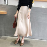 Kukombo Women Elegant Office Lady Quality Glossy Satin Skirt Plain Shiny Fashion Elegant Solid High Waist Skirts