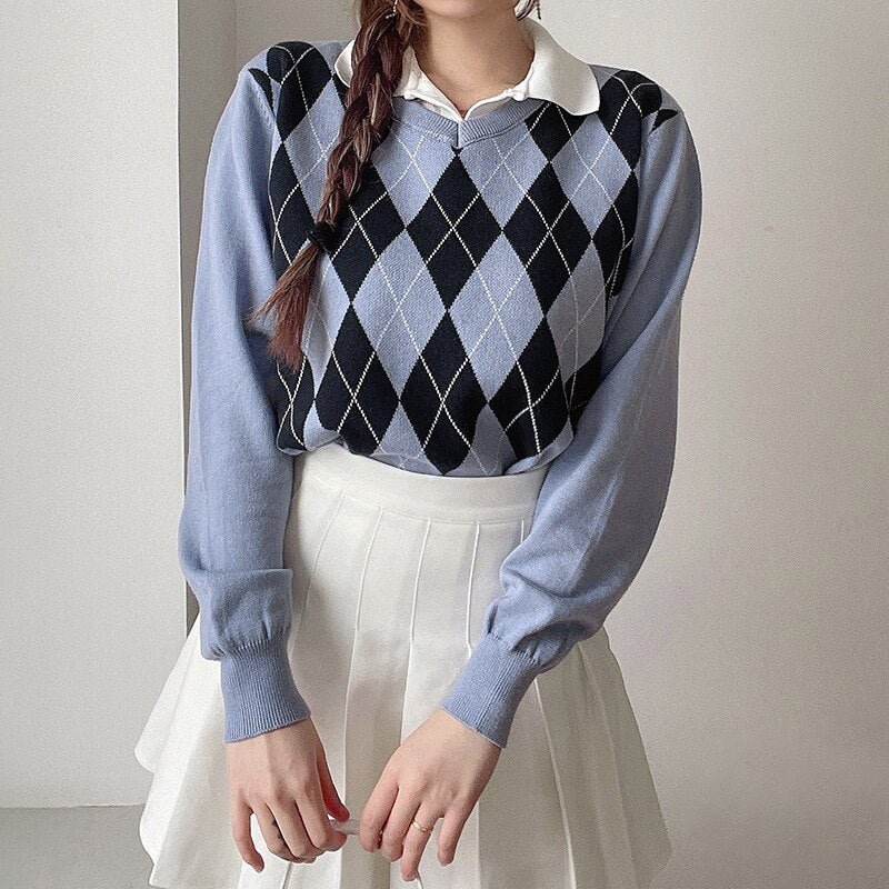 Christmas Gift Casual Loose Autumn Winter Knitted Sweater Women Argyle Long Sleeve Jumper Ladies Preppy Style Pullover Knitwear