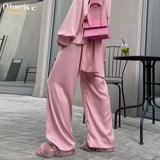 Kukombo Pink Satin High Waist Pants Set Women Elegant Long Sleeve Blouse Shirt Two Piece Pant Set Casual Wide Leg Trousers Suit