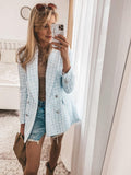 Kukombo Stylish Chic Blue Tweed Jacket Women 2022 Fashion Turn-down Collar Double Breasted Pockets Coat Female Casual Outerwear