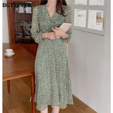 Christmas Gift BGTEEVER Casual V-neck Floral Midi Dress for Women V-neck Slim Waist Female Ruched Green Chiffon Dress 2021 Spring Vestidos