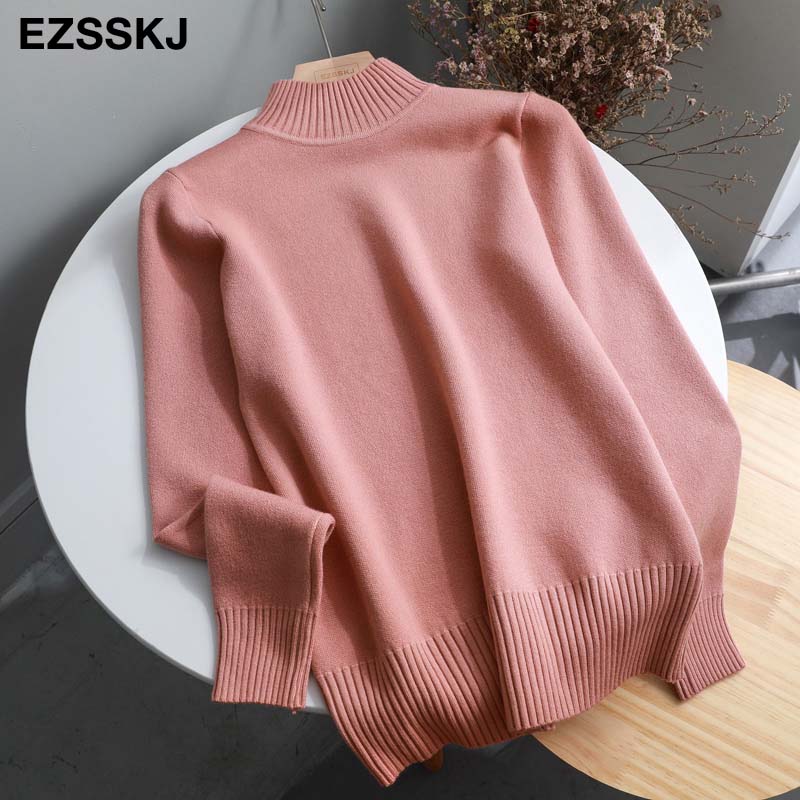 Christmas Gift Korean Style Loose Sweater Women Pullover Casual Half Turtleneck Long Sleeve Knit Sweater Female Jumpers  solid basic sweater