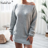 Nadafair Lantern Sleeve Casual Sweater Dress Women Sexy Off The Shoulder Mini Solid  Knitted Dress Winter Long Sleeve White