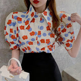 Christmas Gift Shirts Women Print Turn-down Collar Puff Sleeve Summer Fashion Loose Leisure Single Breasted Ladies Tops All-match Chic Popular