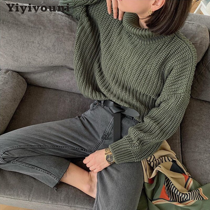 Christmas Gift Yiyiyouni Knitted Oversized Turtleneck Pullovers Women Autumn Winter Casual Thick Sweaters Female Fashion Solid Cashmere Jumpers