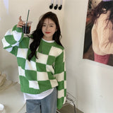 Kukombo Vintage Plaid Sweater Women Loose Long Sleeve Knitted Tops O Neck Korean Fashion Chic Pullover Jumpers Sueter Mujer