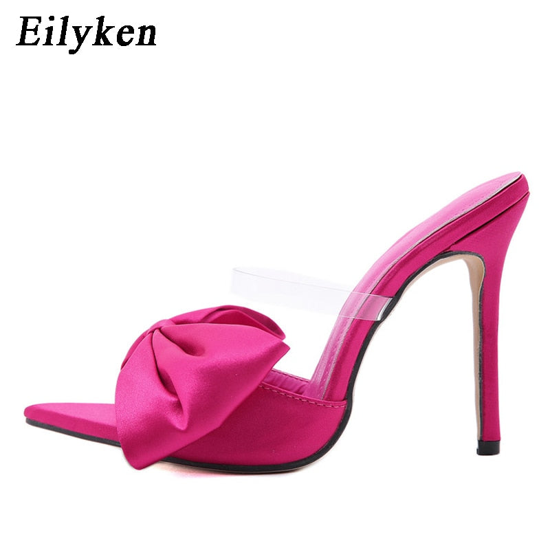 Christmas Gift Eilyken Silk Butterfly-knot Women slippers Mule high heels Slippers Sandals flip flops Pointed toe Strappy Slides Party shoes