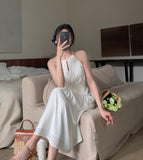 Elegant Lady White Strapless Dress Women Vestidos French Style Vintage Solid Halter Strap Dress Femme Robe