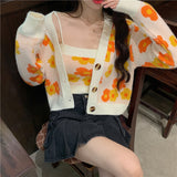 Kukombo Autumn Floral Sweet Knitting Sweater Coat Female Korean Holiday Casual Sweater Tops Sexy Two Piece Suit Knitting Tops
