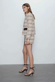 Kukombo Vintage Tweed Plaid Tassels Blazer Suits Set Women Autumn Long Sleeve V Neck Blazer Coats And Skirt Shorts Two Piece Outfits New