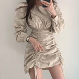 Christmas Gift Korean Chic French neck dress woman Pleated Design Waist Down Slim Irregular Drawstring Bubble Sleeve Dress