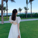 Kukombo 2022 Summer Women Sexy Backless Square Collar Fariy Dress Vintage Print White Beach Dress Puff Sleeve Holiday Vestidos