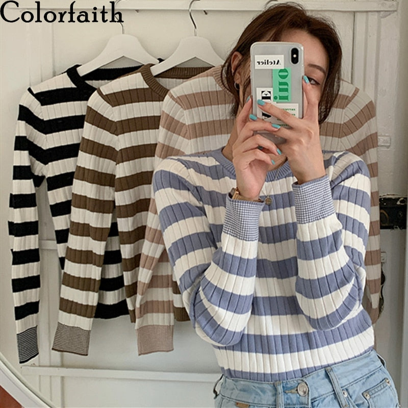 Christmas Gift New 2021 Spring Autumn Women's Sweaters Pullover Slim Bottoming Knitted Striped Vintage Korean Lady Wild Tops SW6690