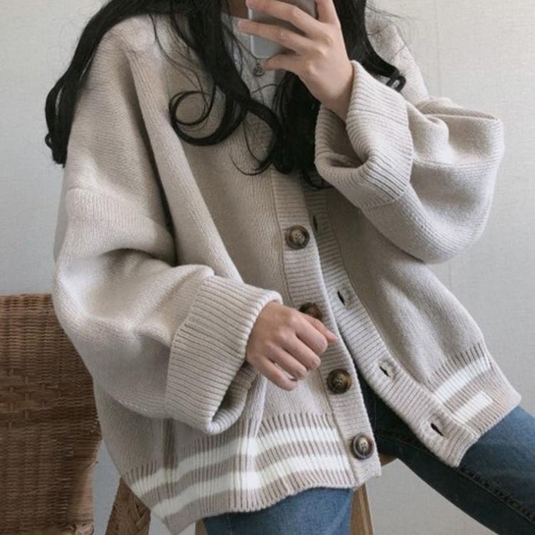 Christmas Gift Korean knitted sweater women's lazy college style loose sleeve women's long sleeve V-neck button large jacket autumn and winter-1118