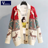 Christmas Gift Fashion Print Christmas Women Sweater Cardigan Winter New Loose Knitted Sweater V-neck Single Breasted Ladies Cardigans