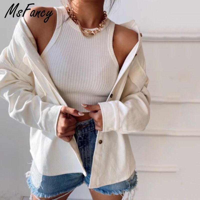 Christmas Gift Msfancy Corduroy Shirt Coat Women White Long Sleeve Single Breasted Coat 2021 Mujer Vintage Jacket Streetwear