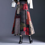 Kukombo Autumn Winter A-line Long Skirts Womens Maxi Skirt Female High Waist Warm Wool Skirt Elegant Office Lady Printing Plaid Skirt