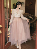 Kukombo 2 Piece Set Women Outfits Sweet Elegant Skirt Suit Flare Sleeve Cute Doll Collar Lace Shirt Top And Fairy High Waist Mesh Skirt K151