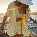 Christmas Gift 2021 Summer Casual Women Set Short Sleeve Top Shirt Khaki Loose And Mini Shorts Two Piece Set Sexy Y2K Tracksuit Fashion