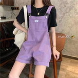 Kukombo Women's Jumpsuits Korean Preppy Style Solid Color Strap Pants Large Pocket High Waist Black Short summer Woman Denim Overalls