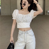 Kukombo Fashion New Pearl Chain Shirt Women Summer French Bow Backless White Blouse Sweet Puff Sleeve Crop Top Female