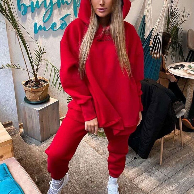 Christmas Gift Casual Women Fleece Hoodie Two Piece Sets Oversize Pullover Sweatshirt And Elastic Pencil Pant Suits Fashion Female Sport Outfit