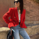 Christmas Gift Elegant Red Double Breasted Tweed Jacket Women 2021 Fashion Pockets Turn-down Collar Coats Female Chic Outerwear
