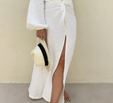 Kukombo White Casual Loose Dress Sets Autumn Long Sleeve Blosues Two Piece Skirt Set Women Vintage High Wasit Slit Skirt Suit