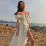 Kukombo Drawstring Solid Summer Dress Beach Style Vintage Square Collar Puff Sleeve Long Dressees For Women 2022 Prairie Chic