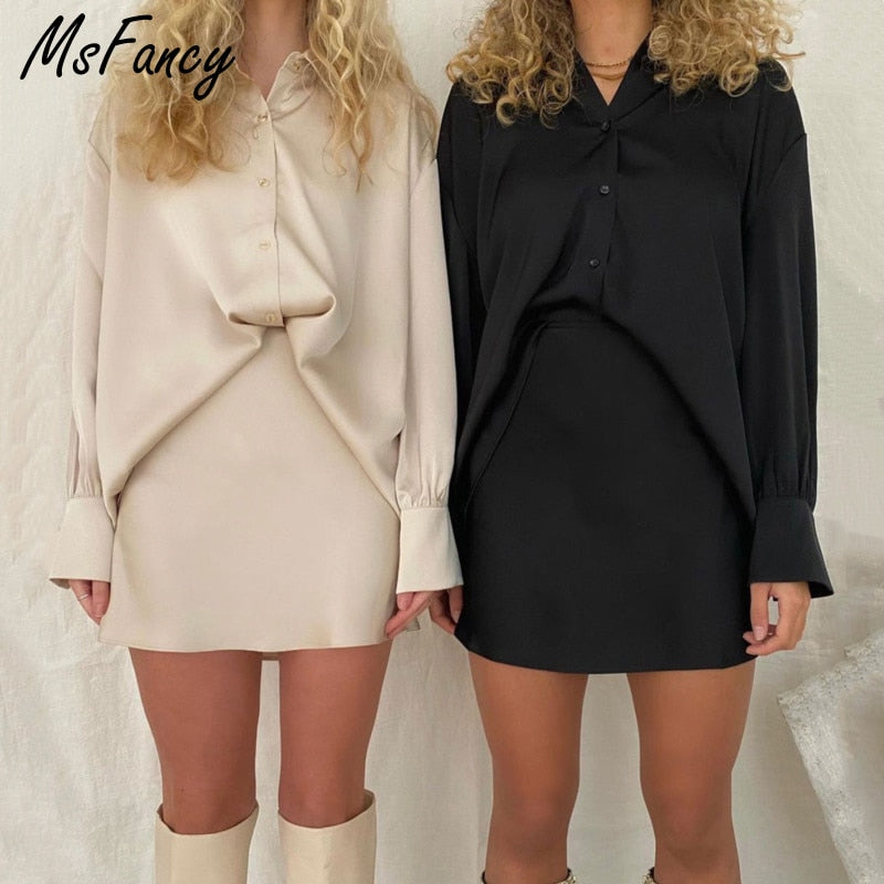 Christmas Gift Msfancy Summer 2 Pieces Skirt Set Women 2021 Satin Long Sleeve Loose Shirt A-line Mini Skirt Elegant Conjuntos De Vestido