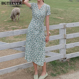Christmas Gift BGTEEVER Vintage Women Chiffon Dress V-neck Short Sleeve Floral Print Midi Dress Female Slim Waist Lace-up A-line Vestidos femme