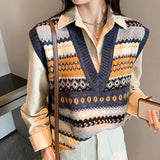 Kukombo Vintage Argyle V-Neck Knitted Sweater Vest Women Loose Sleeveless Sweater Pullover Autumn Korean Casual Oversized Knit Waistcoat