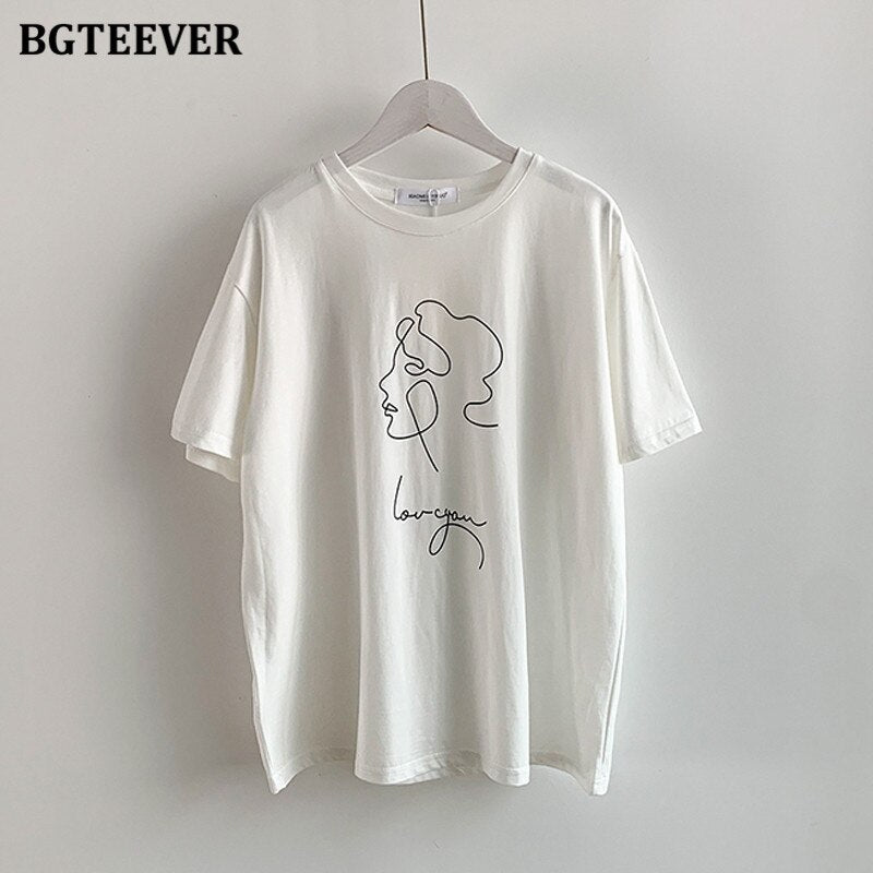 Christmas Gift BGTEEVER Summer Abstract Human Face Printed Women T-shirt Fashion Short Sleeve Women Tops White Tees Round-neck Female Tops 2021