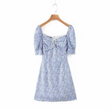 Kukombo Floral Vintage Dress Women Summer Beach Dress Elegant Square Collar White Party Dress Sexy Mini Dress Puff Sleeve Vestidos Fall