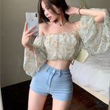 Kukombo Sexy Floral Blouse Tops Women French Vintage Designer Sweet Slim Strap Blouse Casual Puff Sleeve Outdoor Blouse Summer