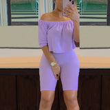 Kukombo Two Piece Casual Solid Suits Off Shoulder Crop Top & Skinny Shorts Set