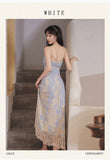 Kukombo High Sense Women Two Piece Set Blue Long Sleeved Chic Slit Gentle Blouse+Sexy Hollow Back Square Collar Print Lace Sling Dress