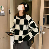 Kukombo Streetwear Checkerboard Plaid Sweater Women O-Neck Loose Long Sleeve Autumn Winter Ladies Jumper Pullover Tops Korean