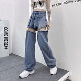 Kukombo  Jeans Women's Straight Tube Loose 2022 Summer New Personality Detachable Shorts High Waist Retro Skinny Wide Leg Jeans