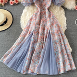 Kukombo Summer Elegant Chiffon Floral Strap Dress women's Mesh Stitching Strapless Mixi Dress Holiday Ladies Vestidos 2022 Robe