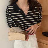 Christmas Gift Korean Chic Lazy Style T Shirt Lapel Contrast Stripe Design Tops Loose And Versatile Short Sleeve T-shirt Women's Top