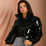 Kukombo Women Winter Coat PU Short Orange Puffer Jacket Bubble Fashion Glossy Shiny Cotton Padded Standard Collar Warm Outwear