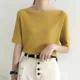 Kukombo New 2022 Women Summer T-Shirts Solid Multi 6 Colors Bottoming Casual Slash Neck Knitting Elasticity Wild Tops T1608