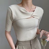 Kukombo New 2022 Women Summer T-Shirt Bottoming Basic Solid Fashionable Knitted Cutout Korean Style Wild Lady Tops-0519