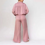 Kukombo  Women Solid Silk Two Piece Set Elegant Notched Drawstring Shirt Top And Split Wide Leg Pants Suits Casual Loose Ladies Clothing